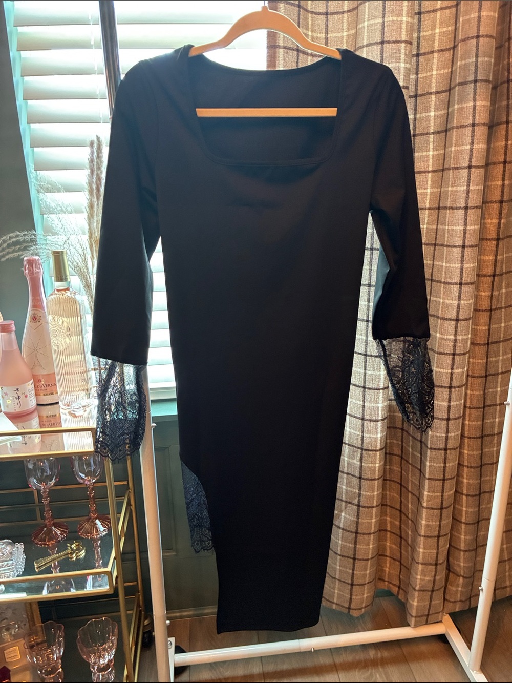 Black Lace-Sleeve Midi Dress